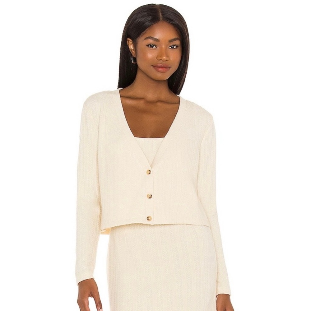 SAYLOR REVOLVE BEIGE POINTELLE KNIT CARDIGAN